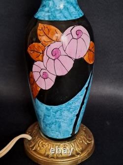 Elégant pied de lampe bleu ancien céramique et bronze décor fleur Art Déco rare