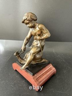 Émile Picault Bronze Boy Riding Snail Sculpture Base Art Deco Art nouveau France