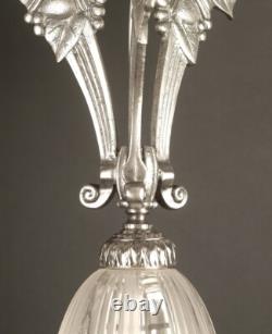 Ets L. Eliot-des Hanots Lustre Art Déco Bronze Argenté Et Verre Moulé-pressé