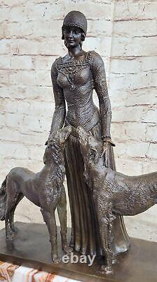Fabuleux Bronze Statue Sculpture Fille Femme Dame Chien Figurine Art Déco Ouvre