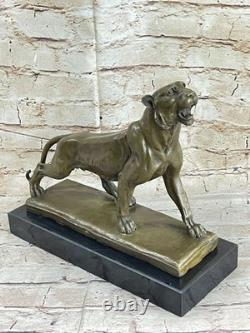Fait Bronze Sculpture Solde Marbre Deco Art Lion Femelle Lecourtier Dédicacée