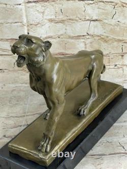 Fait Bronze Sculpture Solde Marbre Deco Art Lion Femelle Lecourtier Dédicacée