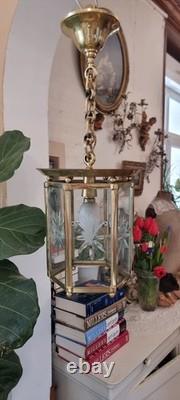 French Art Deco Bronze lustre in hexagonal shape with six thick cut glass panels