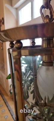 French Art Deco Bronze lustre in hexagonal shape with six thick cut glass panels