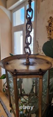 French Art Deco Bronze lustre in hexagonal shape with six thick cut glass panels