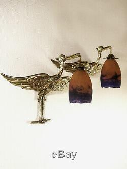 Grande paire dappliques art déco aux oiseaux en bronze et tulipes Muller Frères