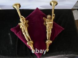 Importante paire de flambeaux bronze doré 6 kg aux amours H 35cm, courant XXème