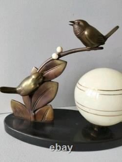 Jolie Lampe Art Déco, Bronze Animalier, Oiseau Sur Branche, Signé Guy, Année 30