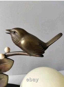 Jolie Lampe Art Déco, Bronze Animalier, Oiseau Sur Branche, Signé Guy, Année 30