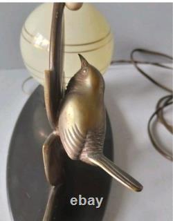 Jolie Lampe Art Déco, Bronze Animalier, Oiseau Sur Branche, Signé Guy, Année 30