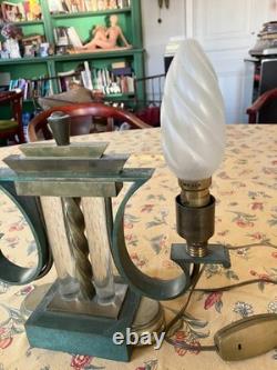 LAMPE Art Deco en bronze et verre