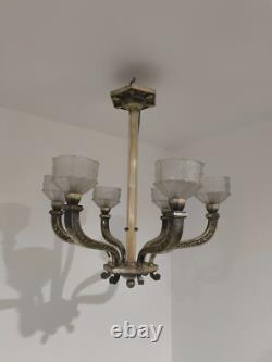 LUSTRE ART DÉCO EN BRONZE ARGENTÉ Verrerie J. ROBERT 1930