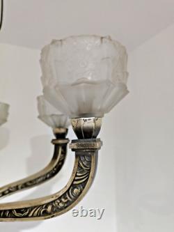 LUSTRE ART DÉCO EN BRONZE ARGENTÉ Verrerie J. ROBERT 1930