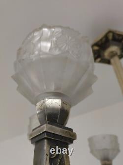 LUSTRE ART DÉCO EN BRONZE ARGENTÉ Verrerie J. ROBERT 1930