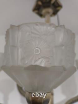 LUSTRE ART DÉCO EN BRONZE ARGENTÉ Verrerie J. ROBERT 1930
