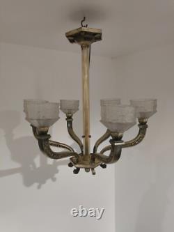 LUSTRE ART DÉCO EN BRONZE ARGENTÉ Verrerie J. ROBERT 1930