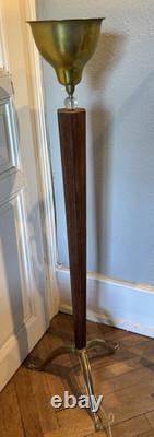 Lampadaire Art Déco, pied tripode en bronze doré, bois et verre