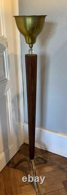 Lampadaire Art Déco, pied tripode en bronze doré, bois et verre