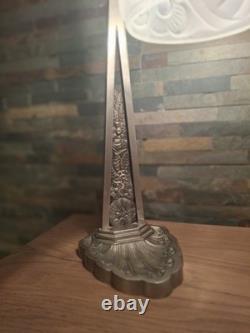 Lampe Art Deco Bronze Argenté + Pate Verre Pressé Degue. Lamp French