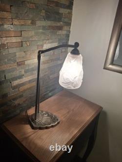 Lampe Art Deco Bronze Argenté + Pate Verre Pressé Degue. Lamp French