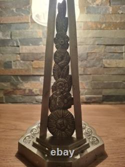Lampe Art Deco Bronze Argenté + Pate Verre Pressé Degue. Lamp French