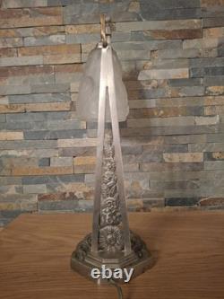 Lampe Art Deco Bronze Argenté + Pate Verre Pressé Degue. Lamp French