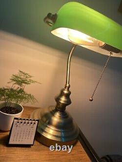Lampe De Bureau Banquier Ancien Bronze Notaire Art Deco Opaline Verte Vintage XX