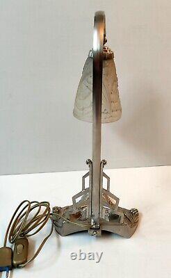 Lampe De Bureau Bronze Nickele Tulipe Verre Presse Fruit En Relief Art Deco