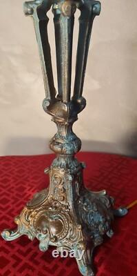 Lampe ancienne patine bronze acier et opaline blanche art deco 43x22