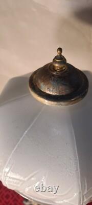 Lampe ancienne patine bronze acier et opaline blanche art deco 43x22