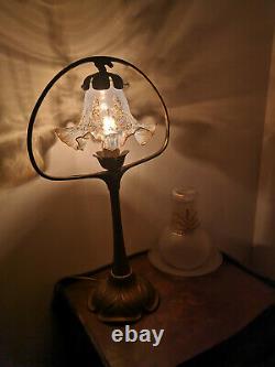 Lampe style art nouveau bronze. Tulipe en cristal opalescent dorée à l'or fin