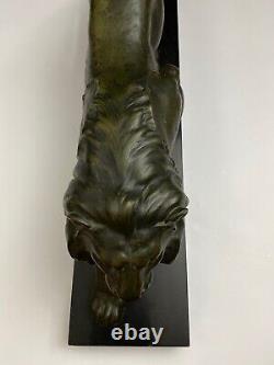 Lion Marchant Art Deco Bronze Sinature E Guy 1930 Marbre Noir M931