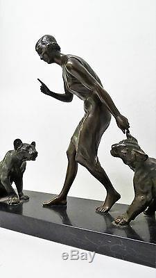 Louis RICHE élégante aux lionnes Sculpture bronze Art Deco antike Skulptur