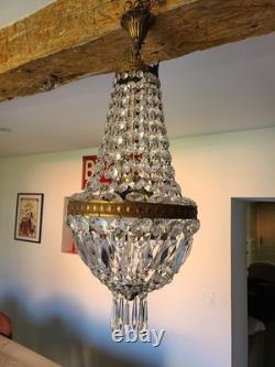Lustre Montgolfière Ancien Bronze & Cristal Années 1920 1930 France