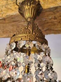 Lustre Montgolfière Ancien Bronze & Cristal Années 1920 1930 France