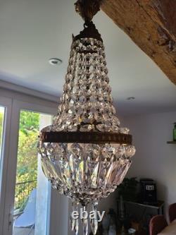 Lustre Montgolfière Ancien Bronze & Cristal Années 1920 1930 France