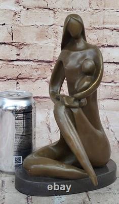 Moderne Art Déco Bronze Sculpture Mom Nouveau-Né Bébé Signé Original Mère Statue