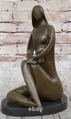 Moderne Art Déco Bronze Sculpture Mom Nouveau-Né Bébé Signé Original Mère Statue