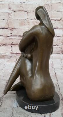 Moderne Art Déco Bronze Sculpture Mom Nouveau-Né Bébé Signé Original Mère Statue