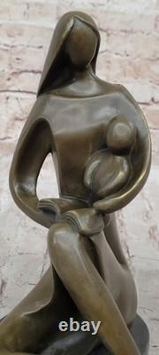 Moderne Art Déco Bronze Sculpture Mom Nouveau-Né Bébé Signé Original Mère Statue