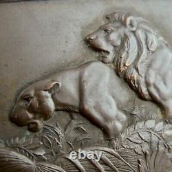 PLAQUE Ancienne EUGENE THENOT Bronze Art Déco LES LIONS 1930/30/medal/médaille