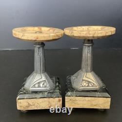 Paire De Cassolettes Art Deco France Marbre Bronze Décoratif Vide Poche 20's