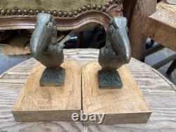 Paire De Serre Livres Art Déco Bronze Massif Oiseaux Toucan