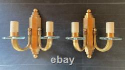 Paire d' appliques bronze doré disques verre cristal Art Deco gradin corne 1930