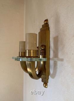 Paire d' appliques bronze doré disques verre cristal Art Deco gradin corne 1930