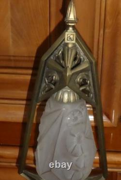 Paire de Lampe de bureau Art Déco en bronze tulipe en verre pressé signé Hubens