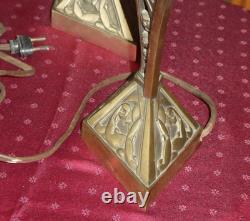 Paire de Lampe de bureau Art Déco en bronze tulipe en verre pressé signé Hubens