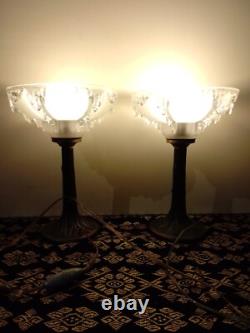 Paire de lampes de Chevet ART DECO BRONZE coupelles signée EZAN