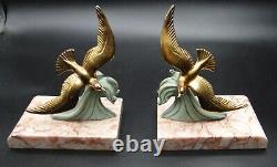 Paire de serre livres MOUETTES oiseaux art déco RÉGULE PATINE BRONZE