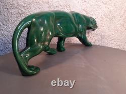 Panthere en Céramique Verte Art Déco Lion St Clément Statue Animalier Bronze